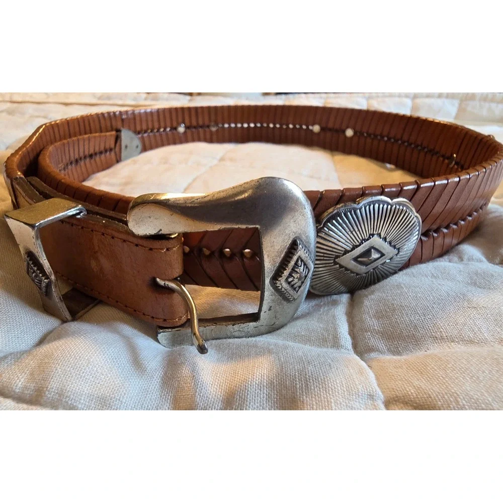 Woven Leather Western Concho Belt Mens 38 Brown Silver Buckle Boho Cowboy Rodeo